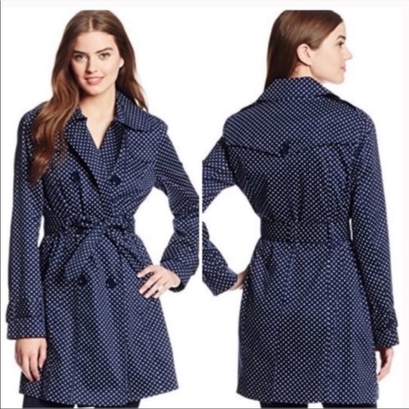 London Fog Belted Trench Coat in Navy Polka Dot Size XS - Picture 1 of 9